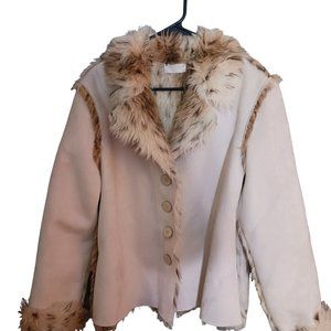 MIFRESIA Womens Camel Soft Faux Fur With Long Hair Leopard Pattern Jacket Coat L